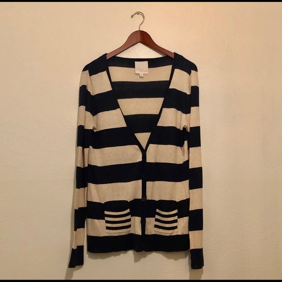Olive & Oak Navy Blue Tan Striped Cardigan - Picture 3 of 7